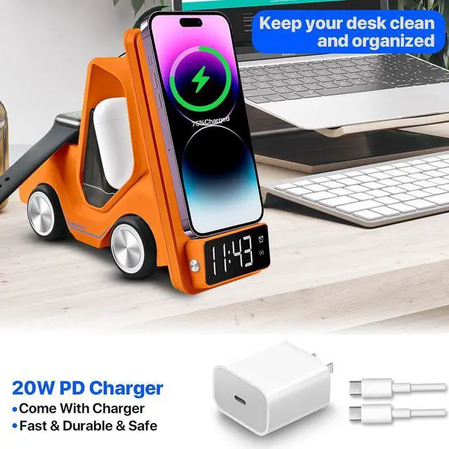 Alt view image 2 of 7 - 6 in 1 Forklift Wireless Charging Station, fast Multifunctional Wireless Desktop Charger Stand for iPhone 15/14/13/12 Series, AirPods Pro/3/2, Apple Watch/iWatch Support Alarm Clock Light (Orange)