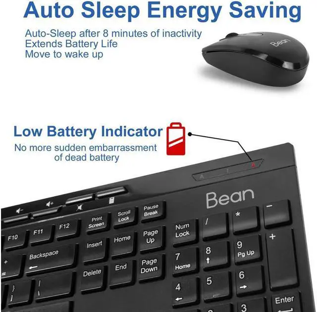 Alt view image 3 of 7 - Wireless Keyboard and Mouse Combo, Bean 2.4GHz Full-Sized Ergonomic Computer Keyboard & Mouse(800/1000/1200 DPI) - Black - 5 Pcs