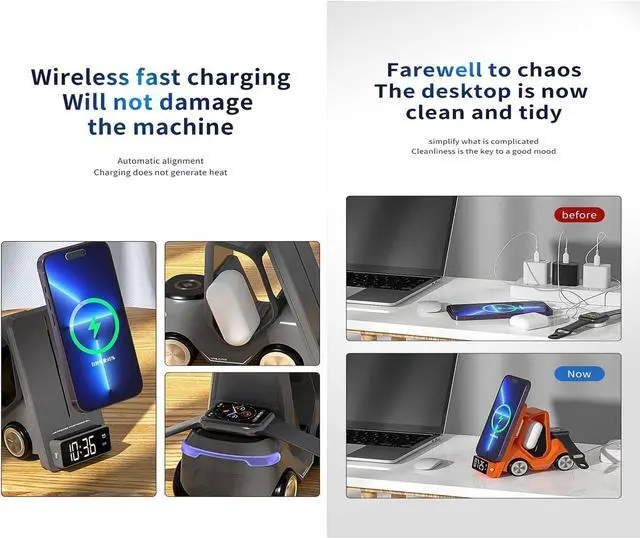 Alt view image 6 of 7 - 6 in 1 Forklift Wireless Charging Station, fast Multifunctional Wireless Desktop Charger Stand for iPhone 15/14/13/12 Series, AirPods Pro/3/2, Apple Watch/iWatch Support Alarm Clock Light (Orange)