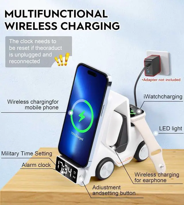 Alt view image 4 of 7 - 6 in 1 Forklift Wireless Charging Station, fast Multifunctional Wireless Desktop Charger Stand for iPhone 15/14/13/12 Series, AirPods Pro/3/2, Apple Watch/iWatch Support Alarm Clock Light (White)
