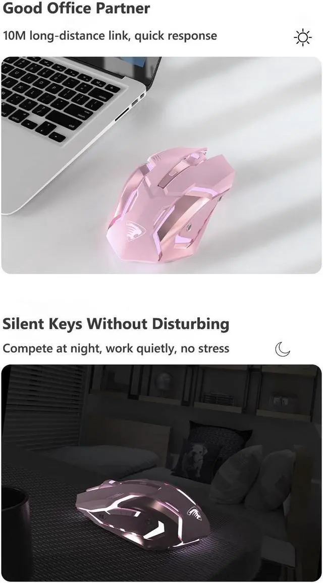 Alt view image 2 of 7 - C6  Ergonomic Design,Cool Exterior 2400DPI  USB 2.4Hz Wireless Bluetooth Gaming Mouse-Pink Color , 7 Adjustable Breathing Lights, 500mAh battery, Support Win 7/8/9 Mac OS