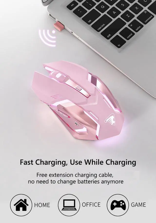 Alt view image 4 of 7 - C6  Ergonomic Design,Cool Exterior 2400DPI  USB 2.4Hz Wireless Bluetooth Gaming Mouse-Pink Color , 7 Adjustable Breathing Lights, 500mAh battery, Support Win 7/8/9 Mac OS
