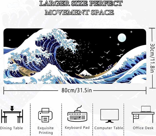 Alt view image 4 of 6 - Gaming Laptop Mouse Pad,Sea Wave Big Mice Pads PC Keyboard and Non-Slip 31.5 x 11.8inches 3mm Thick XL,XXL Rubber Table Mat, Kanagawa Surfing and Black Japanese Mouse Pads