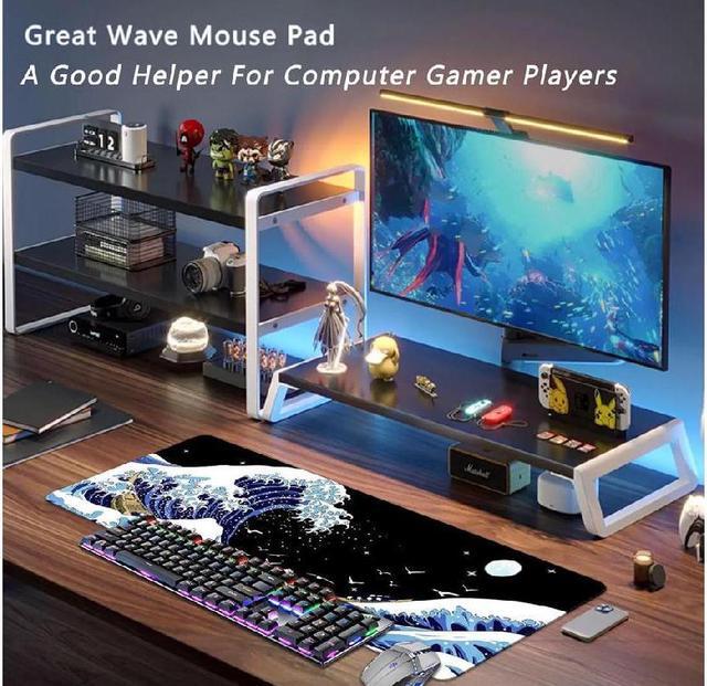 Alt view image 6 of 6 - Gaming Laptop Mouse Pad,Sea Wave Big Mice Pads PC Keyboard and Non-Slip 31.5 x 11.8inches 3mm Thick XL,XXL Rubber Table Mat, Kanagawa Surfing and Black Japanese Mouse Pads