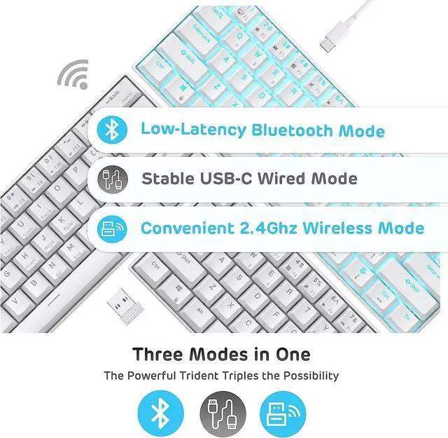 Alt view image 2 of 7 - Corn Wireless 60% Triple Mode BT5.0/2.4G/USB-C Mechanical 60 Keyboard, 61 Keys Wireless Mechanical Keyboard, Compact Gaming Keyboard w/Software (Hot Swappable Brown Switch, White) RK