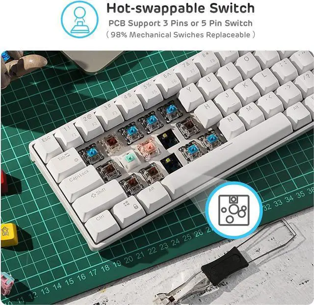 Alt view image 4 of 7 - Corn Wireless 60% Triple Mode BT5.0/2.4G/USB-C Mechanical 60 Keyboard, 61 Keys Wireless Mechanical Keyboard, Compact Gaming Keyboard w/Software (Hot Swappable Brown Switch, White) RK