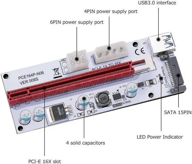Alt view image 2 of 7 - 6-Pack Corn Electronics Updated Ver008S Mining Dedicated Riser Card PCI-E Express Cable 1x to 16x Ethereum ETH Mining 60cm USB 3.0 Cable 4 Solid Capacitors LED Indicator and Fuse Included