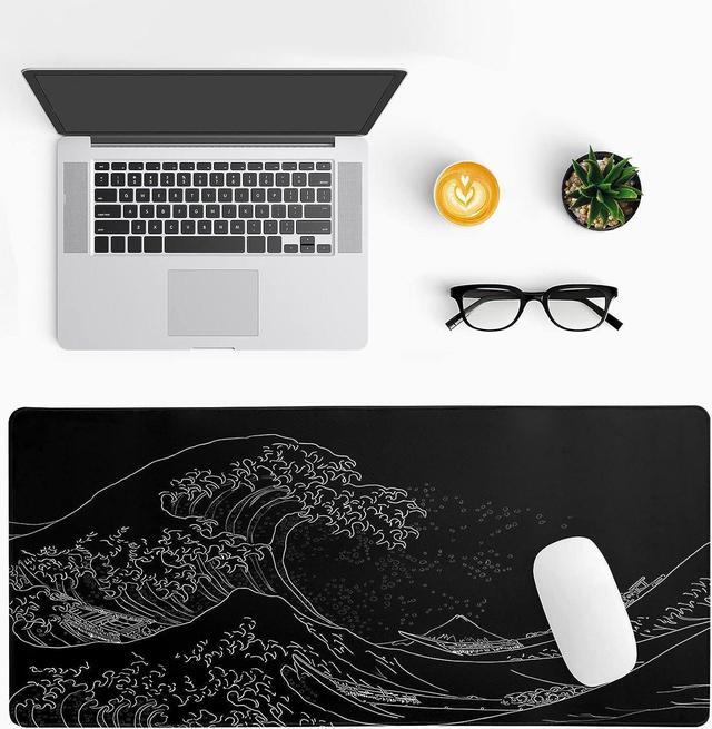 Alt view image 2 of 5 - Japanese Sea Wave Large Mouse Pad, Anime Black Gaming, Extended Kanagawa Mat Desk Pad, 3mm Thick Long Non-Slip Rubber Base Mice Pad, 31.5 X 11.8 Inch