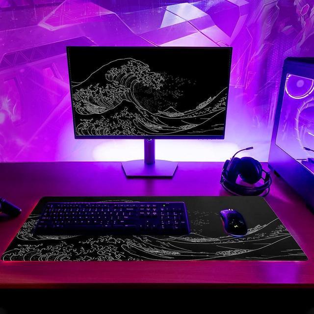 Alt view image 3 of 5 - Japanese Sea Wave Large Mouse Pad, Anime Black Gaming, Extended Kanagawa Mat Desk Pad, 3mm Thick Long Non-Slip Rubber Base Mice Pad, 31.5 X 11.8 Inch