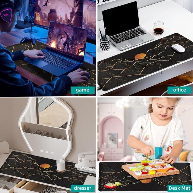Alt view image 5 of 5 - Large Gaming Mouse Pad for Desk, Desk Mat with Seamed Edges, Non-Slip Rubber Base, 31.5x11.8 Inch Keyboard Pad Computer Mat, Big XL Black Mousepadt Golden Mountain