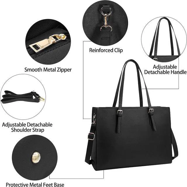 Alt view image 3 of 7 - Laptop Bag for Women Waterproof Lightweight Leather 15.6 Inch Computer Tote Bag Business Office Briefcase Large Capacity Handbag Shoulder Bag Professional Office Work Bag Black
