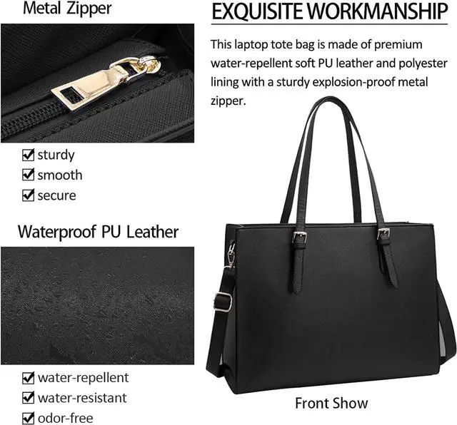 Alt view image 5 of 7 - Laptop Bag for Women Waterproof Lightweight Leather 15.6 Inch Computer Tote Bag Business Office Briefcase Large Capacity Handbag Shoulder Bag Professional Office Work Bag Black