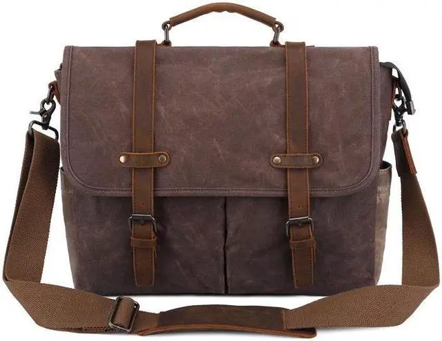 Main image of Mens Messenger Bag 15.7 Inch Waterproof Vintage Genuine Leather Waxed Canvas Briefcase Large Leather Computer Laptop Bag Rugged Satchel Shoulder Bag, Brown