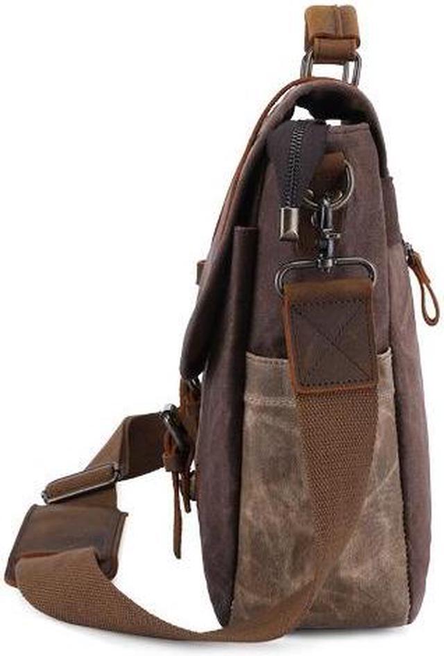 Alt view image 3 of 7 - Mens Messenger Bag 15.7 Inch Waterproof Vintage Genuine Leather Waxed Canvas Briefcase Large Leather Computer Laptop Bag Rugged Satchel Shoulder Bag, Brown