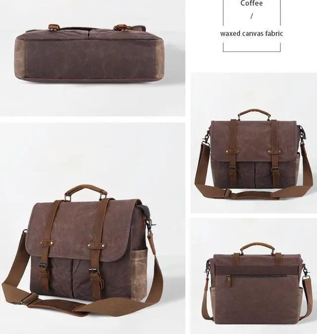 Alt view image 4 of 7 - Mens Messenger Bag 15.7 Inch Waterproof Vintage Genuine Leather Waxed Canvas Briefcase Large Leather Computer Laptop Bag Rugged Satchel Shoulder Bag, Brown