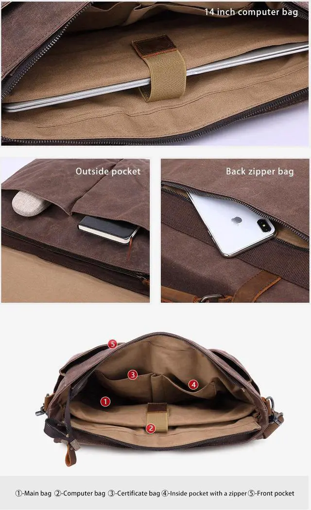 Alt view image 5 of 7 - Mens Messenger Bag 15.7 Inch Waterproof Vintage Genuine Leather Waxed Canvas Briefcase Large Leather Computer Laptop Bag Rugged Satchel Shoulder Bag, Brown