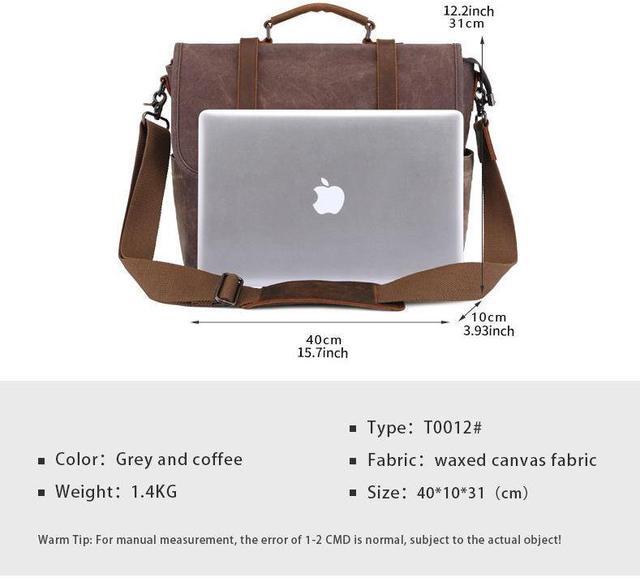 Alt view image 6 of 7 - Mens Messenger Bag 15.7 Inch Waterproof Vintage Genuine Leather Waxed Canvas Briefcase Large Leather Computer Laptop Bag Rugged Satchel Shoulder Bag, Brown