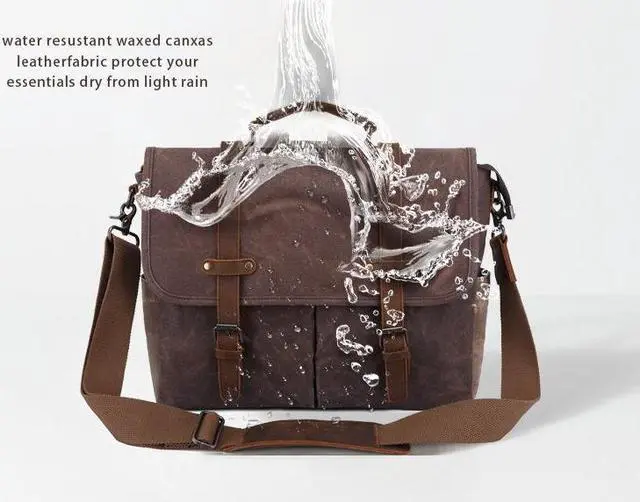 Alt view image 7 of 7 - Mens Messenger Bag 15.7 Inch Waterproof Vintage Genuine Leather Waxed Canvas Briefcase Large Leather Computer Laptop Bag Rugged Satchel Shoulder Bag, Brown