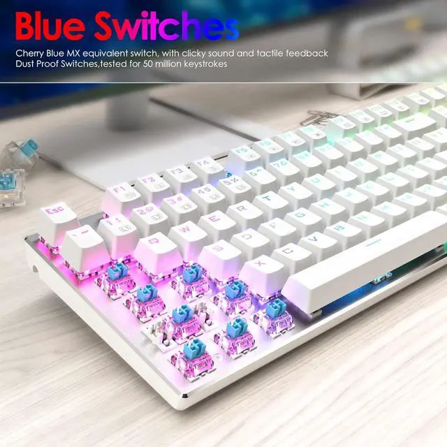 Alt view image 3 of 6 - CORN Eagle White Gaming Aluminum Mechanical Gaming Keyboard RGB Backlit LED with Wrist Rest, Blue Switches - Clicky, Metal Panel 104 Keys for Mac, PC, Silver+White