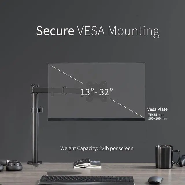 Alt view image 4 of 7 - Single Monitor Arm Desk Mount, Holds Screens up to 32 inch Regular and 38 inch Ultrawide, Fully Adjustable Stand with C-Clamp and Grommet Base, VESA 75x75mm or 100x100mm, Black