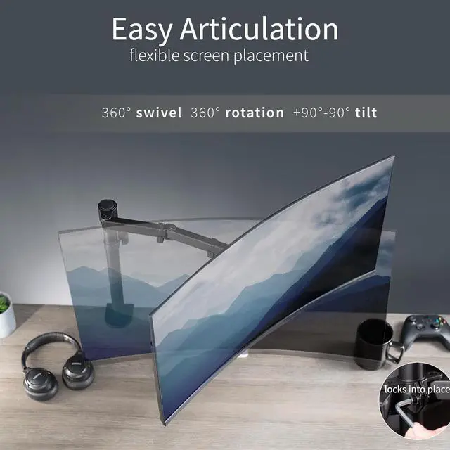 Alt view image 3 of 7 - Single Monitor Arm Desk Mount, Holds Screens up to 32 inch Regular and 38 inch Ultrawide, Fully Adjustable Stand with C-Clamp and Grommet Base, VESA 75x75mm or 100x100mm, Black