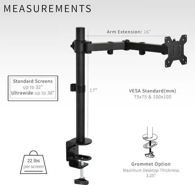 Alt view image 6 of 7 - Single Monitor Arm Desk Mount, Holds Screens up to 32 inch Regular and 38 inch Ultrawide, Fully Adjustable Stand with C-Clamp and Grommet Base, VESA 75x75mm or 100x100mm, Black