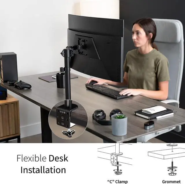 Alt view image 5 of 7 - Single Monitor Arm Desk Mount, Holds Screens up to 32 inch Regular and 38 inch Ultrawide, Fully Adjustable Stand with C-Clamp and Grommet Base, VESA 75x75mm or 100x100mm, Black