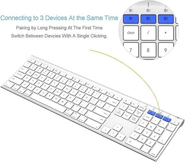 Alt view image 3 of 7 - Bluetooth Keyboard for Mac iPad Multi-Device Stainless Steel Full Size Wireless Keyboard Compatible with iPad, iMac, Mac Mini, MacBook, iPhone, Mac OS, iOS, Built-in Rechargeable Battery