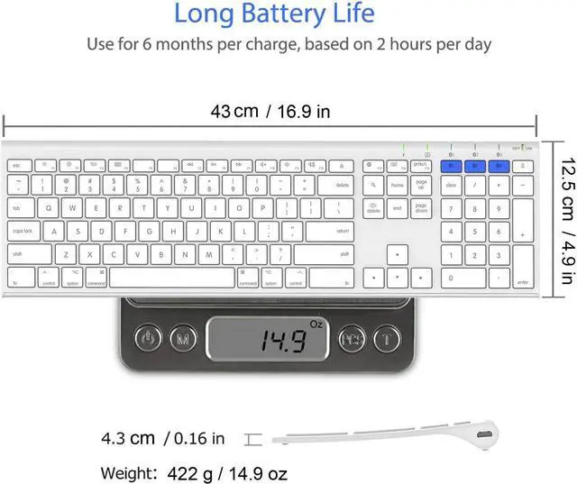 Alt view image 6 of 7 - Bluetooth Keyboard for Mac iPad Multi-Device Stainless Steel Full Size Wireless Keyboard Compatible with iPad, iMac, Mac Mini, MacBook, iPhone, Mac OS, iOS, Built-in Rechargeable Battery
