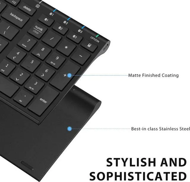 Alt view image 2 of 7 - BK10 Bluetooth Keyboard, Keyboard USB-C Rechargeable Bluetooth 5.1 with Number Pad Ergonomic Design Full Size Stable Connection Keyboard for iPad, iPhone, Mac, iOS, Android, Windows