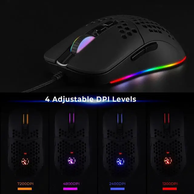 Alt view image 6 of 7 - CORN Wired Gaming Mouse, 3200 DPI 4 Adjustable Levels, Ergonomic RGB Light Mouse with Type-C for PC/Mac/Laptop (Black)