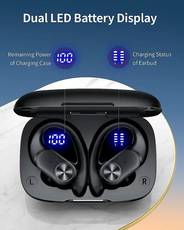 Alt view image 3 of 6 - Bluetooth Headphones Wireless Earbuds 80hrs Playtime Wireless Charging Case Digital Display Sports Ear buds with Earhook Premium Deep Bass IPX7 Waterproof Over-Ear Earphones for TV Phone Laptop Black