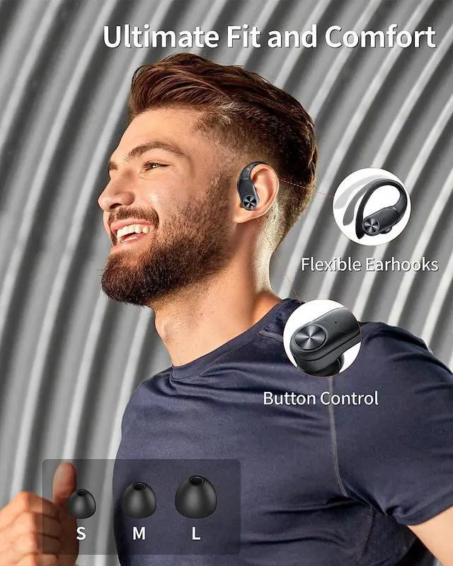 Alt view image 6 of 6 - Bluetooth Headphones Wireless Earbuds 80hrs Playtime Wireless Charging Case Digital Display Sports Ear buds with Earhook Premium Deep Bass IPX7 Waterproof Over-Ear Earphones for TV Phone Laptop Black