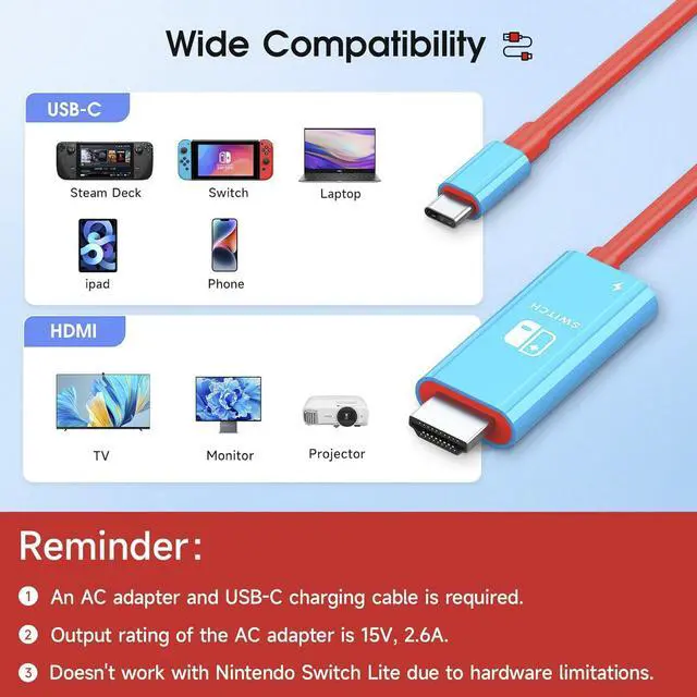 Alt view image 4 of 7 - Corn Electronics Portable HDMI Cable Compatible with Nintendo Switch NS/OLED, USB C to HDMI Cable Replaces The Original Switch Dock for TV Screen Mirroring, Convenient for Travel, 4K HD, 2m, Blue