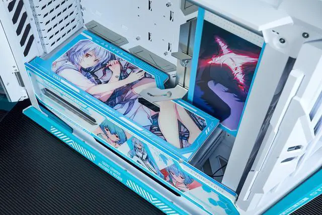 Alt view image 6 of 7 - CORN GR701 E-ATX computer case, 420 mm dual radiator support, four 140 mm fans, metal GPU holder, component storage, ARGB fan hub, 60W fast charging Ayanami Rei-White Evangelion