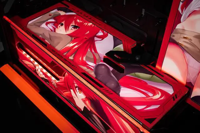 Alt view image 6 of 7 - GR701 E-ATX computer case, 420 mm dual radiator support, four 140 mm fans, metal GPU holder, component storage, ARGB fan hub, 60W fast charging Shana of the Blazing Eyes-Red