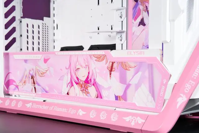 Alt view image 6 of 7 - GR701 E-ATX computer case, 420 mm dual radiator support, four 140 mm fans, metal GPU holder, component storage, ARGB fan hub, 60W fast charging-Honkai Impact Elysia(Pink)