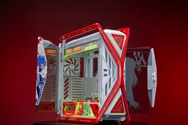 Alt view image 5 of 7 - Corn Electronics GR701 E-ATX computer case, 420 mm dual radiator support, four 140 mm fans, metal GPU holder, component storage, ARGB fan hub, 60W fast charging-Evangelion EVA(Red)