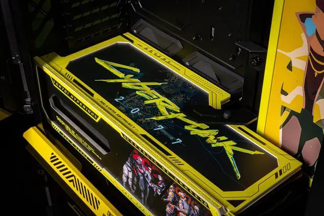 Alt view image 5 of 7 - Corn Electronics GR701 E-ATX computer case, 420 mm dual radiator support, four 140 mm fans, metal GPU holder, component storage, ARGB fan hub, 60W fast charging-Cyberpunk(Yellow)