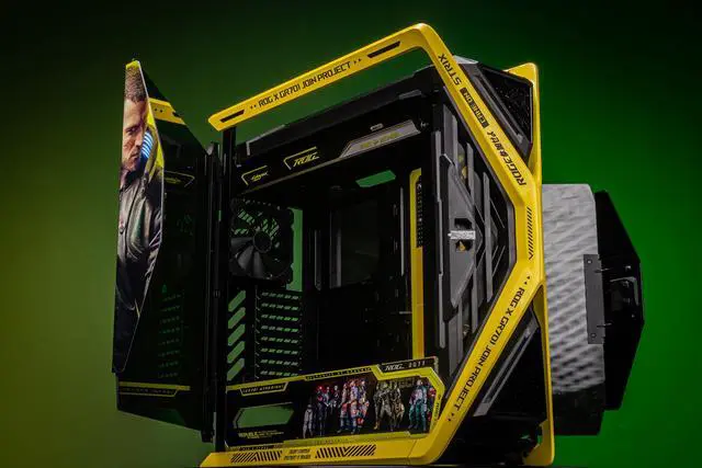 Alt view image 7 of 7 - Corn Electronics GR701 E-ATX computer case, 420 mm dual radiator support, four 140 mm fans, metal GPU holder, component storage, ARGB fan hub, 60W fast charging-Cyberpunk(Yellow)