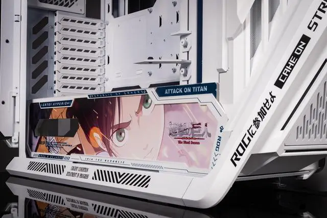 Alt view image 6 of 7 - Corn Electronics GR701 E-ATX computer case, 420 mm dual radiator support, four 140 mm fans, metal GPU holder, component storage, ARGB fan hub, 60W fast charging Attack on titan-White