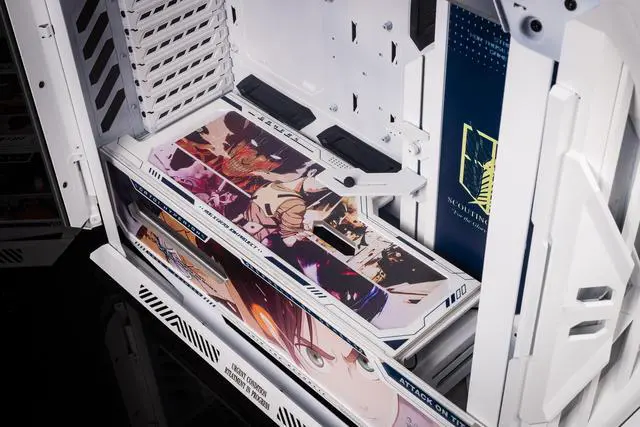 Alt view image 7 of 7 - Corn Electronics GR701 E-ATX computer case, 420 mm dual radiator support, four 140 mm fans, metal GPU holder, component storage, ARGB fan hub, 60W fast charging Attack on titan-White