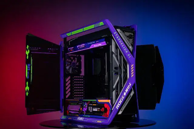 Alt view image 6 of 7 - Corn Electronics GR701 E-ATX computer case, 420 mm dual radiator support, four 140 mm fans, metal GPU holder, component storage, ARGB fan hub, 60W fast charging-Evangelion EVA-01(Purple)