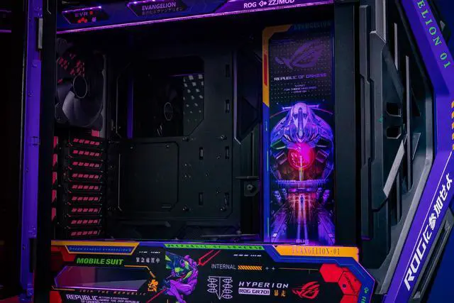 Alt view image 7 of 7 - Corn Electronics GR701 E-ATX computer case, 420 mm dual radiator support, four 140 mm fans, metal GPU holder, component storage, ARGB fan hub, 60W fast charging-Evangelion EVA-01(Purple)