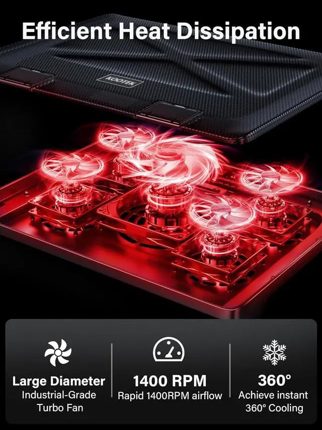 Alt view image 2 of 7 - Corn Electronics Laptop Cooling Pad, Laptop Cooler with 5 Quiet Fans for 12"-17" Computer PC Notebook Gaming Laptop Fan, Height Adjustable Laptop Cooling Stand Laptop Accessories, Red