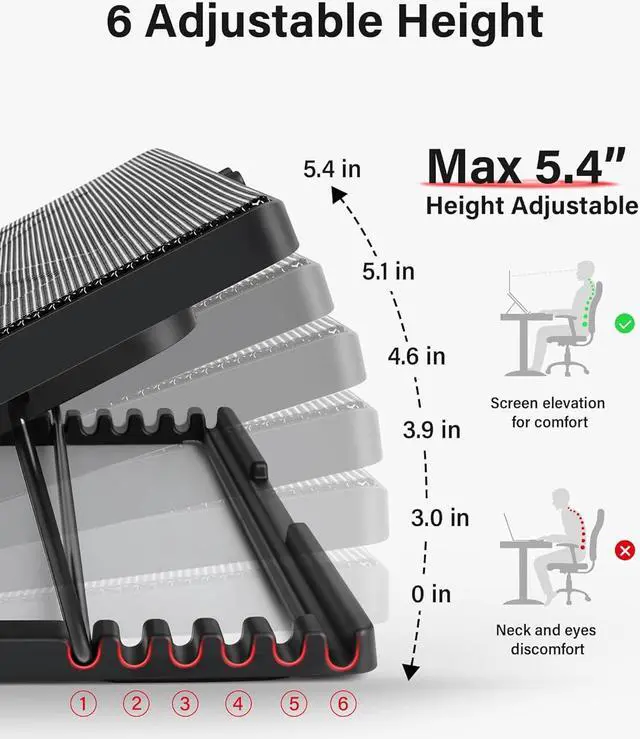 Alt view image 3 of 7 - Corn Electronics Laptop Cooling Pad, Laptop Cooler with 5 Quiet Fans for 12"-17" Computer PC Notebook Gaming Laptop Fan, Height Adjustable Laptop Cooling Stand Laptop Accessories, Red