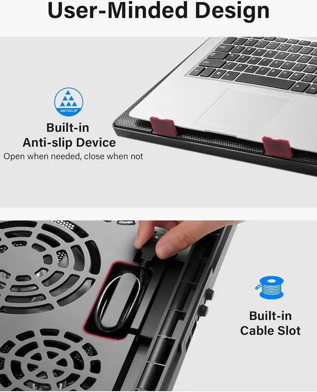 Alt view image 5 of 7 - Corn Electronics Laptop Cooling Pad, Laptop Cooler with 5 Quiet Fans for 12"-17" Computer PC Notebook Gaming Laptop Fan, Height Adjustable Laptop Cooling Stand Laptop Accessories, Red