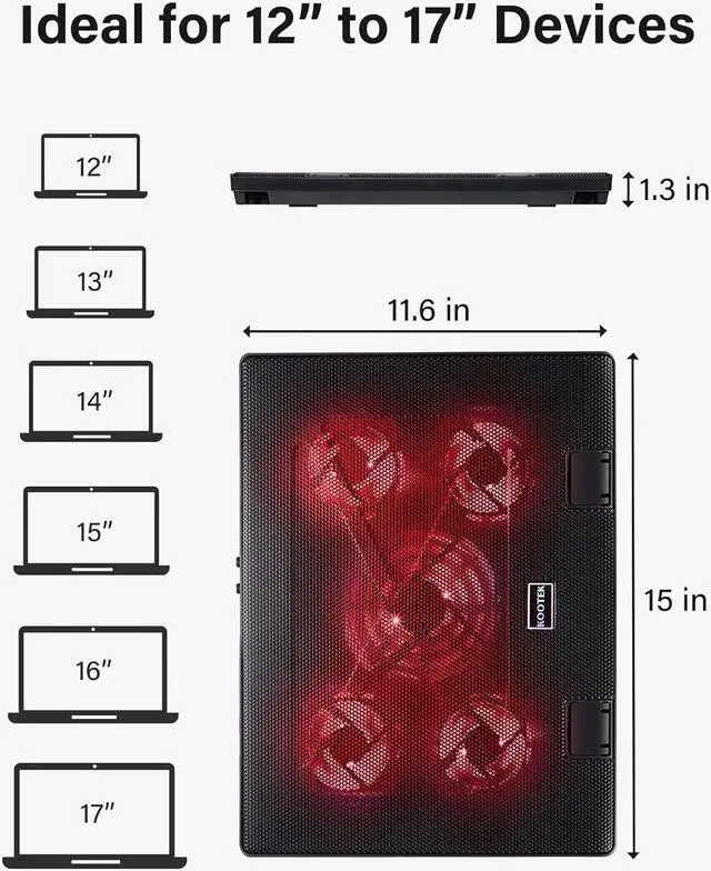 Alt view image 7 of 7 - Corn Electronics Laptop Cooling Pad, Laptop Cooler with 5 Quiet Fans for 12"-17" Computer PC Notebook Gaming Laptop Fan, Height Adjustable Laptop Cooling Stand Laptop Accessories, Red