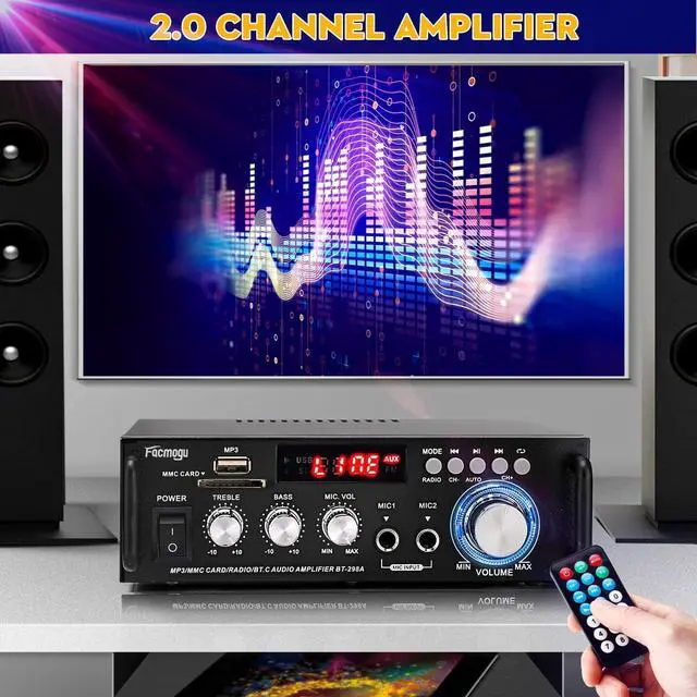 Alt view image 5 of 6 - Corn Electronics 298A Max 300Wx2 Wireless Bluetooth 5.0 Stereo Audio Amplifier, RMS 40Wx2 Power Amp 2 Channel Stereo Receiver for Home Theater Speakers, Bass