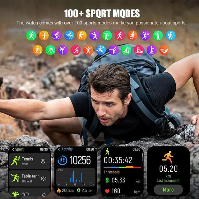 Alt view image 5 of 5 - Military Smart Watch for Men 1.96 Inches Outdoor Sports Smartwatch with Answer/Make Call,Fitness watch,Blood Oxygen,Heart Rate and Sleep Monitor Compatible with iPhone and Android Phones